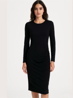 L.K. BENNETT | Long Sleeve Black Ruched Side Midi Dress Sz.12